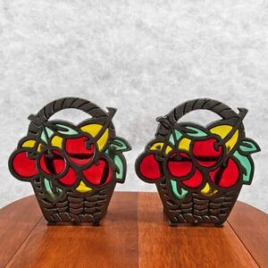 Cast Iron Stained Glass Cherry Basket Napkin Holders (2) Vtg Retro Kitchen Decor